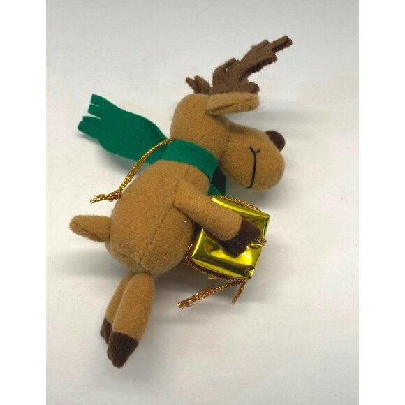 Reindeer Plush Christmas Tree Ornament Holding Gold Gift Box with Green Scarf - Picture 3 of 7